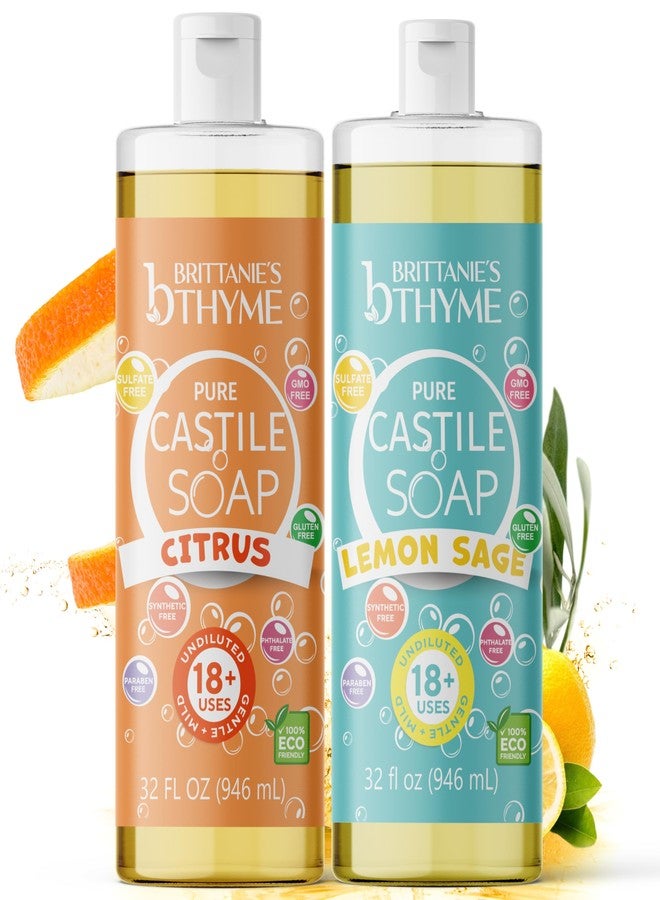 Brittanie’s Pure Castile Liquid Soap Refill, 32 Ounce Pack of 2 | Dish Soap, Hair & Body, Home, Gentle and Pure, Made with Natural Luxurious Oils, Vegan & Gluten Free Non-GMO (Citrus & Lemon Sage)